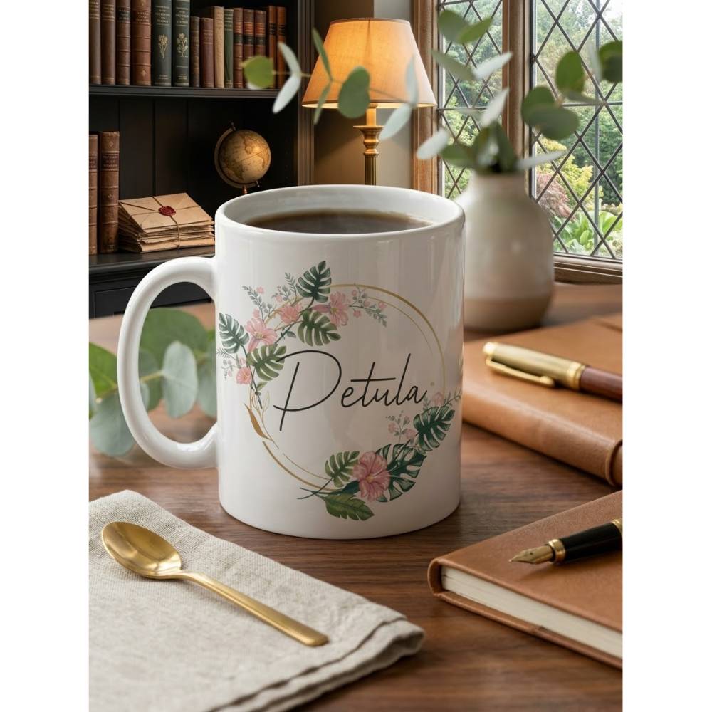 Personalisierte Tasse mit Name & Tropen-Blumen-Kranz | Keramiktasse 330ml