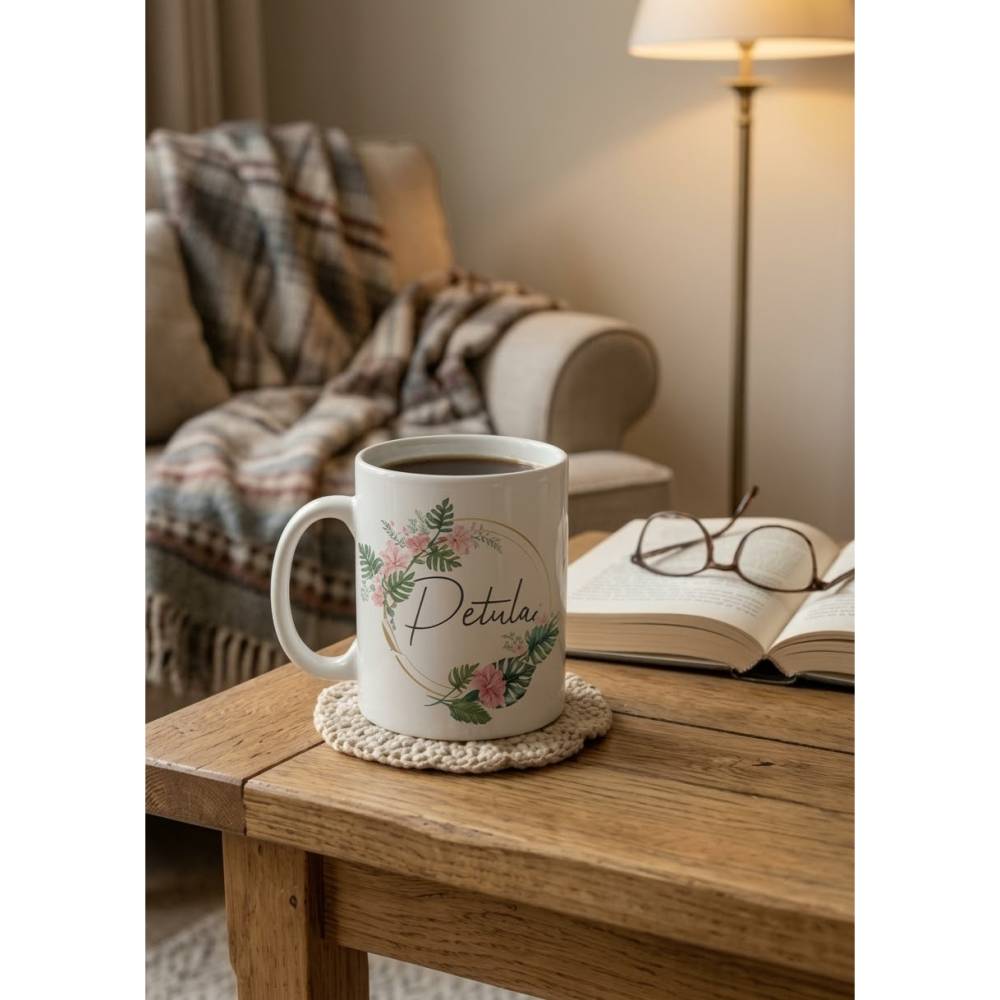 Personalisierte Tasse mit Name & Tropen-Blumen-Kranz | Keramiktasse 330ml