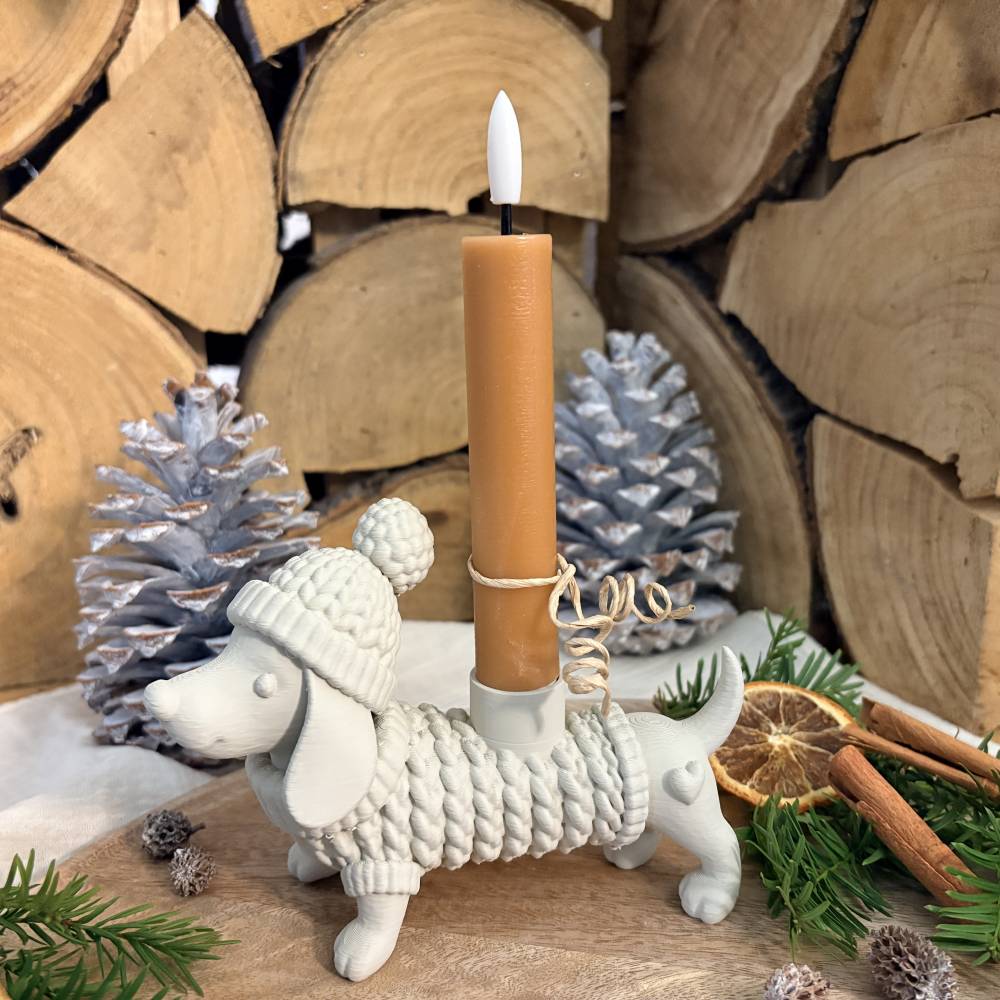 Deko zu Weihnachten, Dackel Geschenk, Winterdeko nach Weihnachten, Weihnachtsdeko Idee, Kerzenhalter für Stabkerze