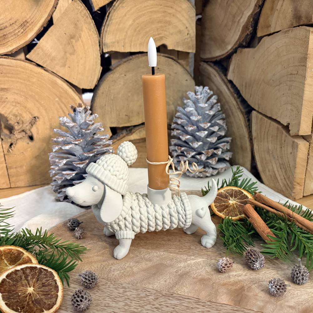 Deko zu Weihnachten, Dackel Geschenk, Winterdeko nach Weihnachten, Weihnachtsdeko Idee, Kerzenhalter für Stabkerze