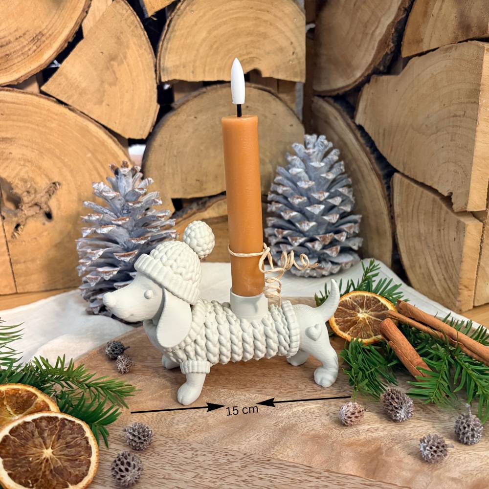 Deko zu Weihnachten, Dackel Geschenk, Winterdeko nach Weihnachten, Weihnachtsdeko Idee, Kerzenhalter für Stabkerze