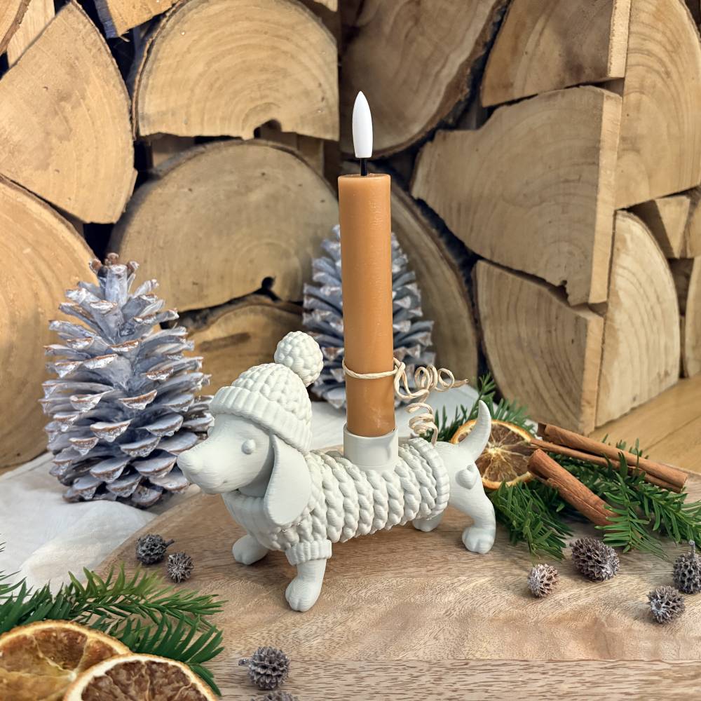 Deko zu Weihnachten, Dackel Geschenk, Winterdeko nach Weihnachten, Weihnachtsdeko Idee, Kerzenhalter für Stabkerze