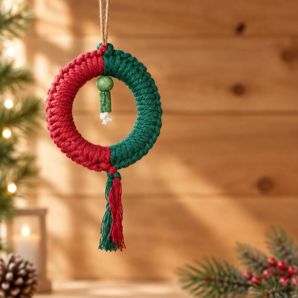Weihnachtsornament rot‑grün mit Perlen & Quaste