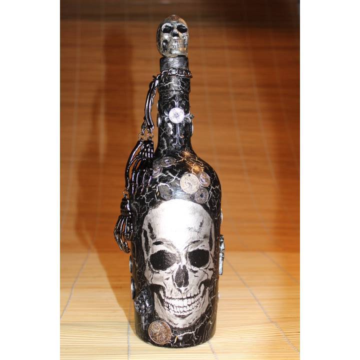 Dekoflasche SILVER-SKULL Upcycling Flasche Flaschenkunst Dekoration Collage Wohndeko Geldgeschenk Steampunk Gothic