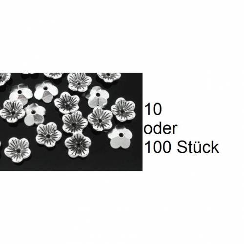 10 oder 100 Perlkappen, Perlen, Kappen für Perlen,Blüte, Blüten, silber, 10mm, 07765