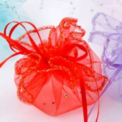 Geschenkbeutel rot Oraganza mit Glitzersteinen – Säckchen Schmuckbeutel mit Zugband, Ø 25 cm