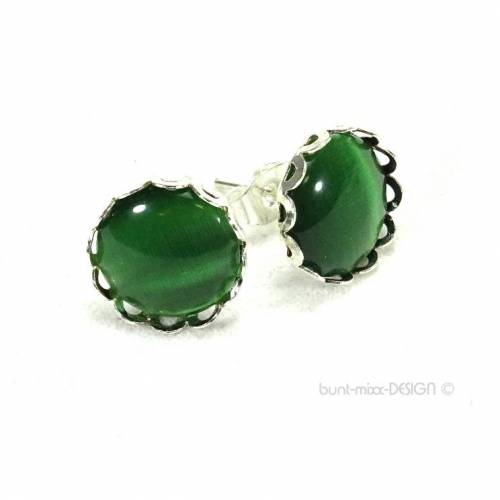 Ohrstecker Cateye Glas Cabochon grün, Fassung silberfarben, 12mm Cabo Ohrschmuck, Geschenk für sie, BuntMixxDESIGN