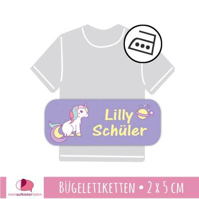 52 permanent Bügeletiketten | Einhorn lila - 2  x 5 cm 