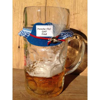 Maßkrug-Strumpfband, Maßkrug-Band, Krug-Band Markierungsband, Namensträger zünftig kariert Trachtenhut Wiesn-give-away