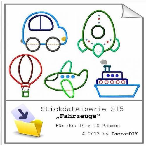 Stickdatei Serie S15 Fahrzeuge Auto Rakete Schiff Flugzeug