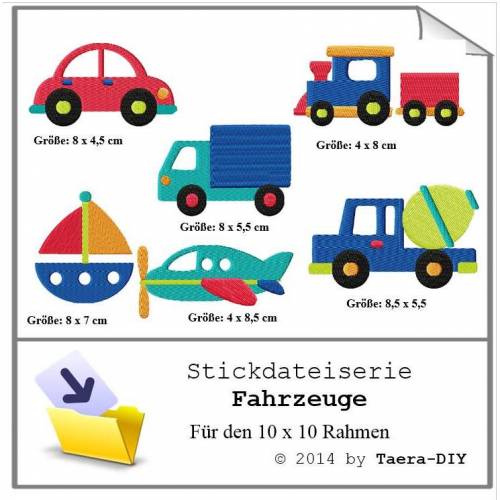 Stickdatei Serie Fahrzeuge Zug Betonmischer Flugzeug Boot Auto LKW