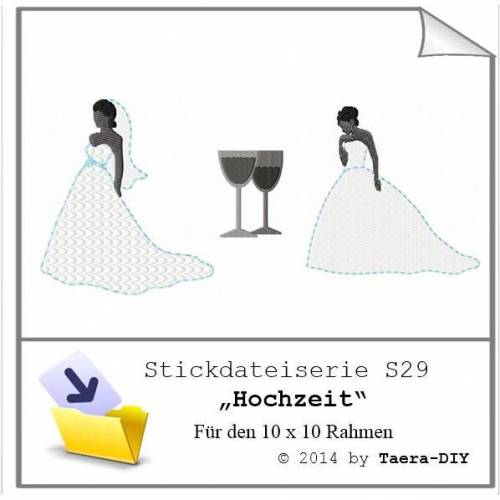 Stickdatei serie 29 Hochzeit Braut Sektgläser Brautkleid