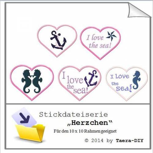 Stickdatei Serie Herzchen Maritim Anker Seepferdchen
