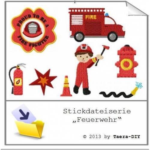 Stickdatei serie Feuerwehr Füllstich Feuerwehrauto Feuerwehrmann Feuerlöscher