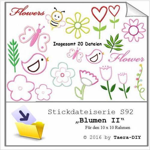 Stickdatei Serie Blumen II S93 Vogel Schmetterling Biene