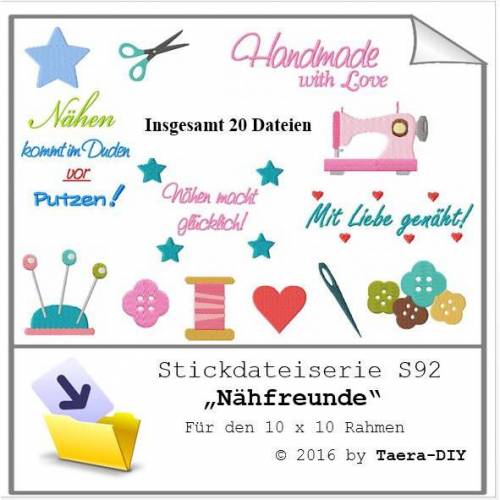 Stickdatei Serie S92 Nähfreunde Nähmaschine Schere Knöpfe Nadel