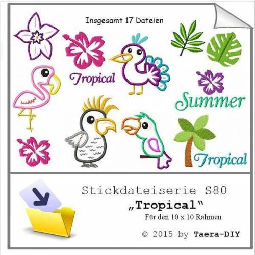 Stickdatei serie Tropical S80 Kakadu Palme Orchidee Flamingo
