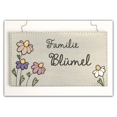 personalisiertes Geschenk für das Zuhause, Türschild Familie mit Name, Holzschild Gänseblümchen, Haustürschild Eingang Wohnung und Haus, dekoratives Eingangsschild als Familiengeschenk