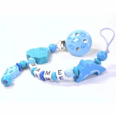 Schnullerkette mit Namen Meerestiere Seepferdchen Delfin Tintenfisch blau Junge