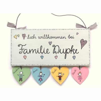 ausgefallenes Geschenk für Familien, Türschild aus Holz mit Name und Figuren personalisiert, Familiengeschenk Holzschild, Haustürschild individuell & wetterfest