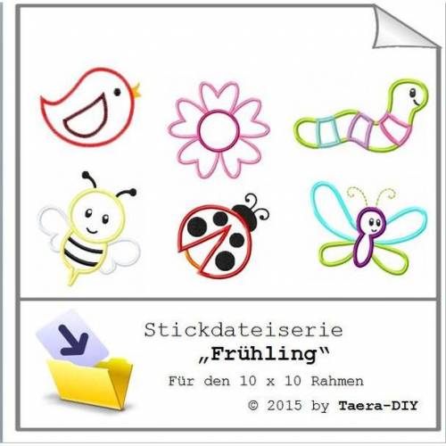 Stickdatei Serie Frühling Nr. 64 Biene Marienkäfer Vogel Regenwurm Schmetterling