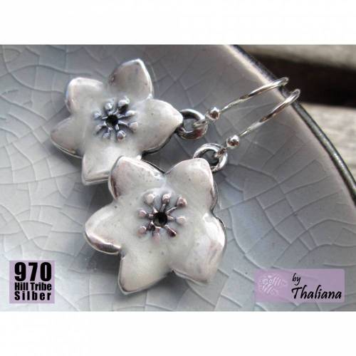 romantische Blütenohrringe CLEMATIS weiße Ohrhänger emaille Silberohrhaken
