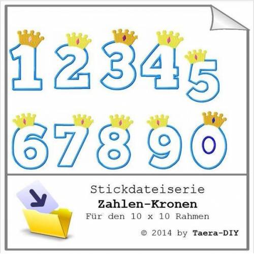 Stickdatei serie Zahlen mit Krone Applikation 0 - 9