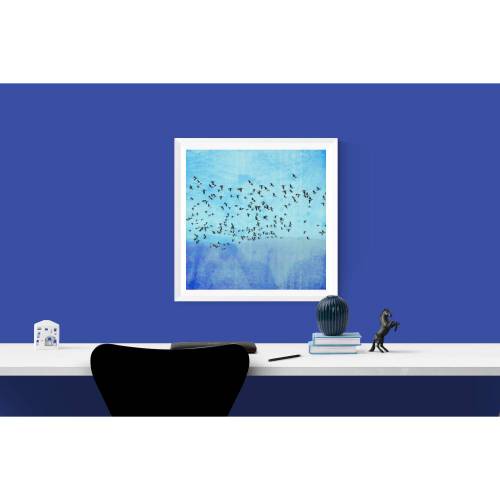 Kunstdruck "Birds World, Blau und Türkis, fliegende Vögel, Gänse am Himmel im Vintage-Stil, Druck mit Aquarallcharak