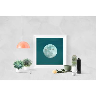 Vollmond und Kraniche vor grünblauem Hintergrund, FineArtPrint in den Größen 13 x 13 cm, 20 x 20 cm, 30 x 30 cm