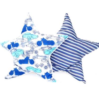 Kuschelkissen Sternform 2er Set – Sternkissen mit Fahrzeug Motiv, Kinder Deko Kissen