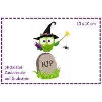 Zauber-Eule auf Grabstein - Halloweeneule 10x10 Stickdatei