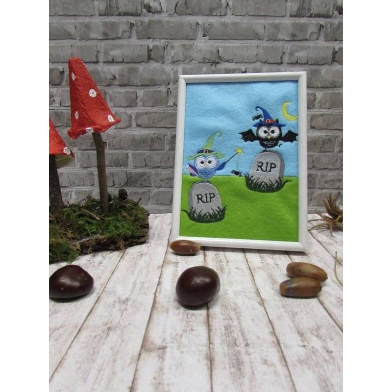 Zauber-Eule auf Grabstein - Halloweeneule 10x10 Stickdatei Bild 2