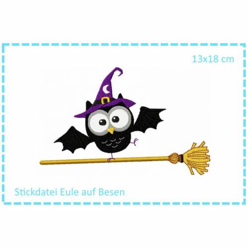Eule auf Besen - Halloweeneule 13x18 Stickdatei