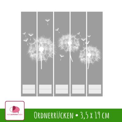 Ordnerrücken Aufkleber - Pusteblume - grau | 5 er Set Aufkleber für schmale Ordner 