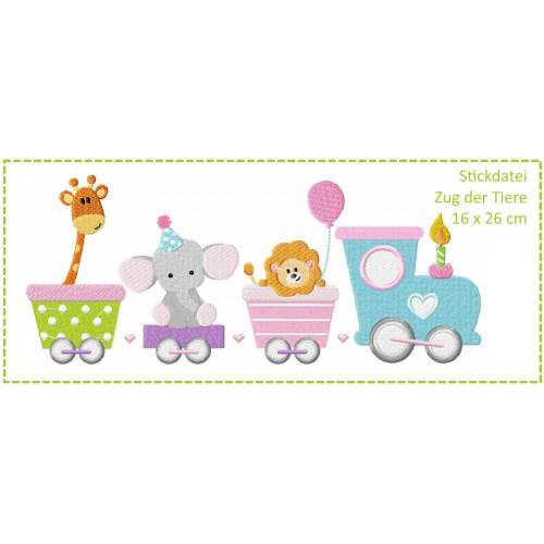 Zug der Tiere 16x26 Stickdatei - Giraffe - Elefant - Löwe