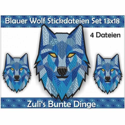 Blauer Wolf Stickdateien für den 13 x 18 cm Rahmen, 4 Dateien