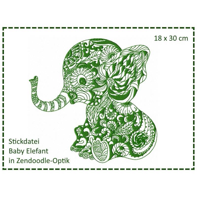 Baby Elefant Zendoodle Stickdatei 18x30 Bild 1