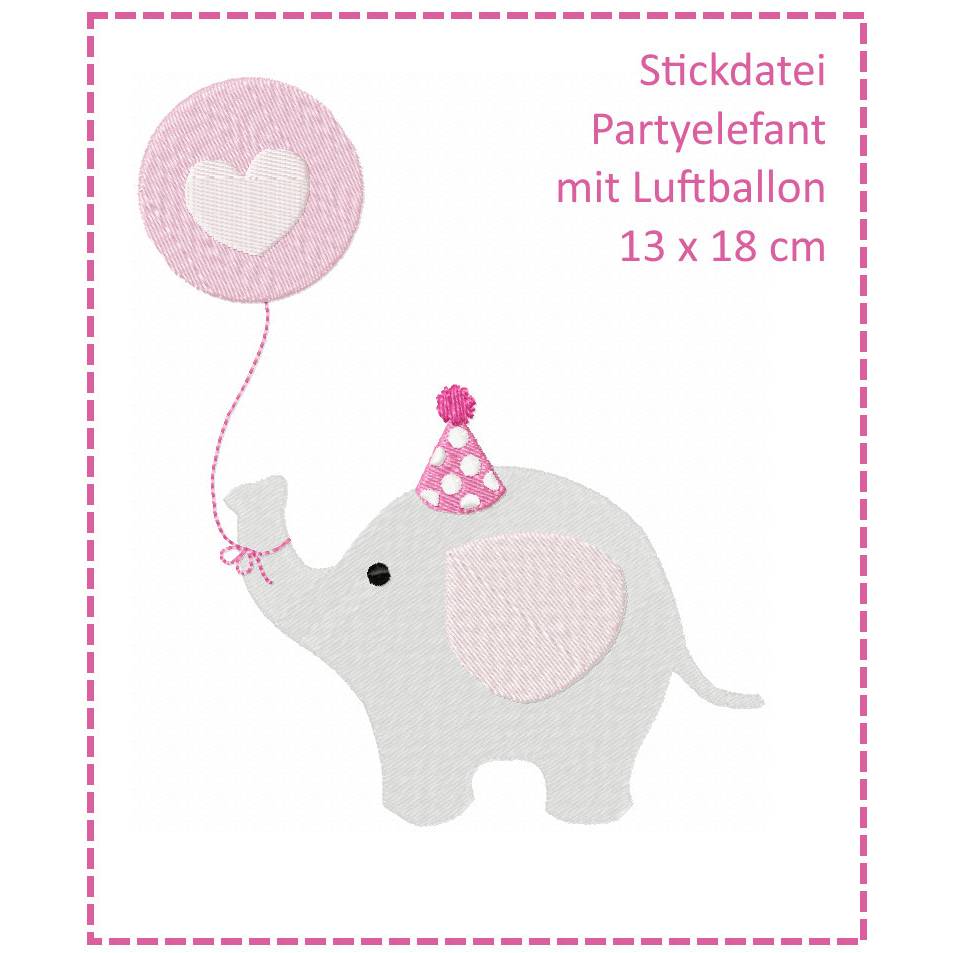 Partyelefant mit Luftballon 13x18 Stickdatei Bild 1