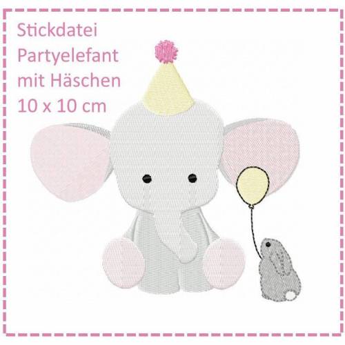 Partyelefant mit Häschen 10x10 Stickdatei