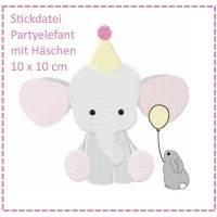 Partyelefant mit Häschen 10x10 Stickdatei