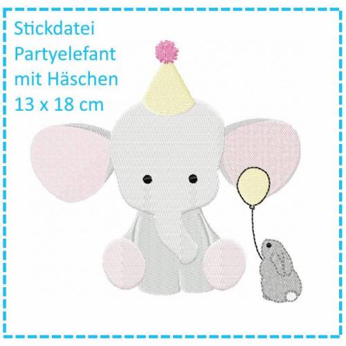 Partyelefant mit Häschen 13x18 Stickdatei