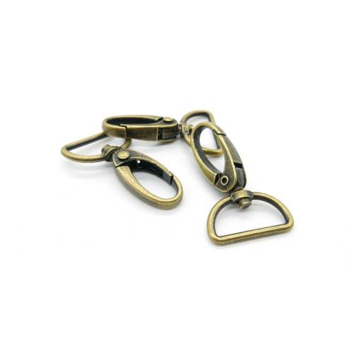 2 drehbare Karabinerhaken in altmessing, Durchlass ca. 25 mm