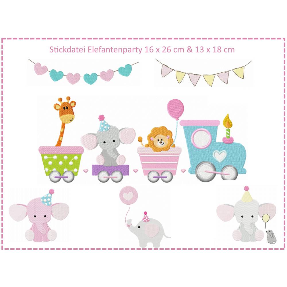 Elefantenparty Set 16x26 & 13x18 Stickdatei - Zug der Tiere - Giraffe - Elefant - Löwe - Wimpelkette Bild 1