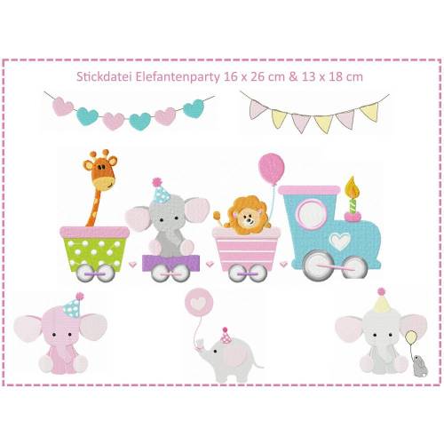 Elefantenparty Set 16x26 & 13x18 Stickdatei - Zug der Tiere - Giraffe - Elefant - Löwe - Wimpelkette