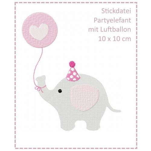Partyelefant mit Luftballon 10x10 Stickdatei