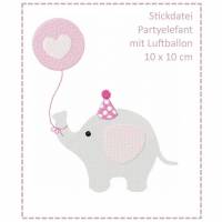 Partyelefant mit Luftballon 10x10 Stickdatei