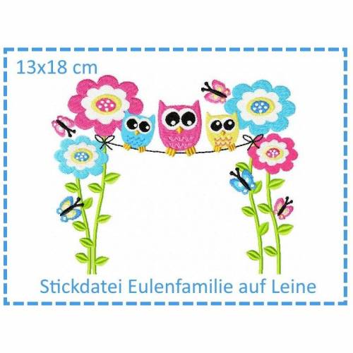 Eulenfamilie auf Leine 13x18cm Stickdatei