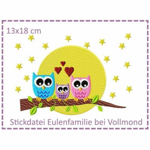 Eulenfamilie bei Vollmond 13x18cm Stickdatei