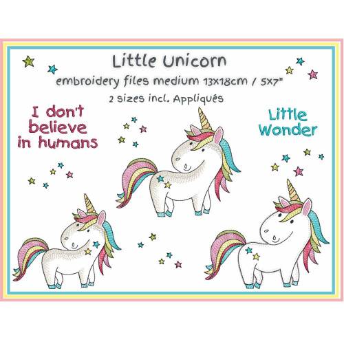 Kleines Einhorn Stickdateien Set mittel 13x18cm inkl. Applikationen