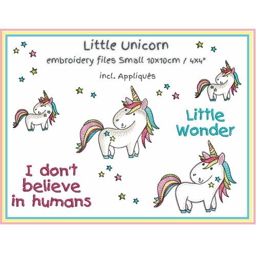 Kleines Einhorn Stickdateien Set klein bis 10x10cm inkl. Applikationen